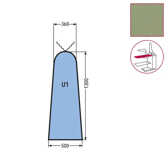Husa U1 pentru masa de calcat, snur de prindere la varf, tesatura DEK, 100% poliester, 1.300x500x360mm, verde