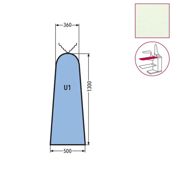 Husa U1 pentru masa de calcat, snur de prindere la varf, tesatura DEK, 100% poliester, 1.300x500x360mm, alb