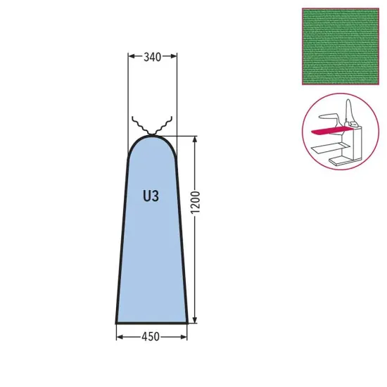 Husa U3 pentru masa de calcat mica, snur de prindere la varf, 100% poliester, 1.200x450x340mm, verde