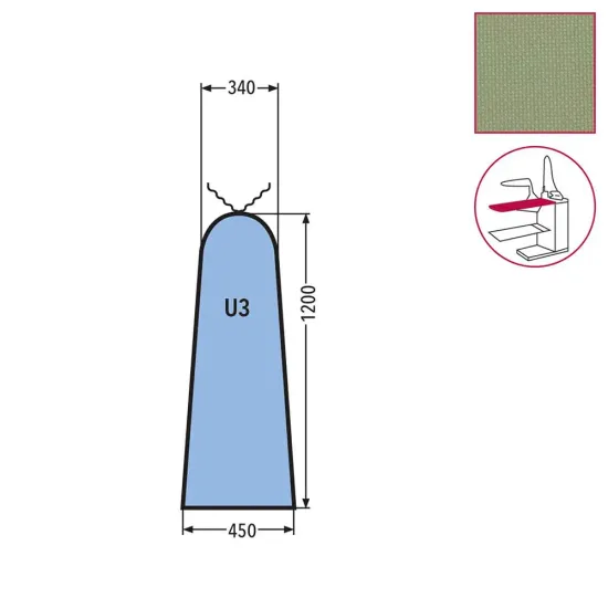 Husa U3 pentru masa de calcat mica, snur de prindere la varf, tesatura DEK, 100% poliester, 1.200x450x340mm, verde