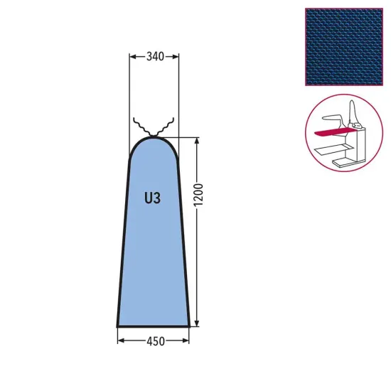Husa U3 pentru masa de calcat mica, snur de prindere la varf, tesatura DEK, 100% poliester, 1.200x450x340mm, albastru
