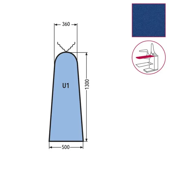 Husa U1 pentru masa de calcat, snur de prindere la varf, 100% poliester stretch, 1.300x500x360mm, albastru