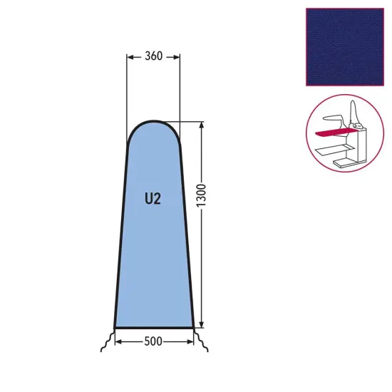 Husa U2 pentru masa de calcat, snur de prindere la varf, 100% poliester stretch, 1.300x500x360mm, albastru inchis