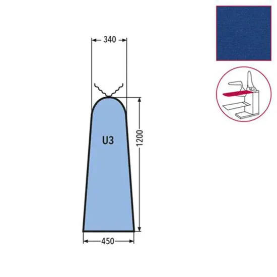 Husa U3 mica pentru masa de calcat, snur de prindere la varf, 100% poliester stretch, 1.200x450x340mm, albastru