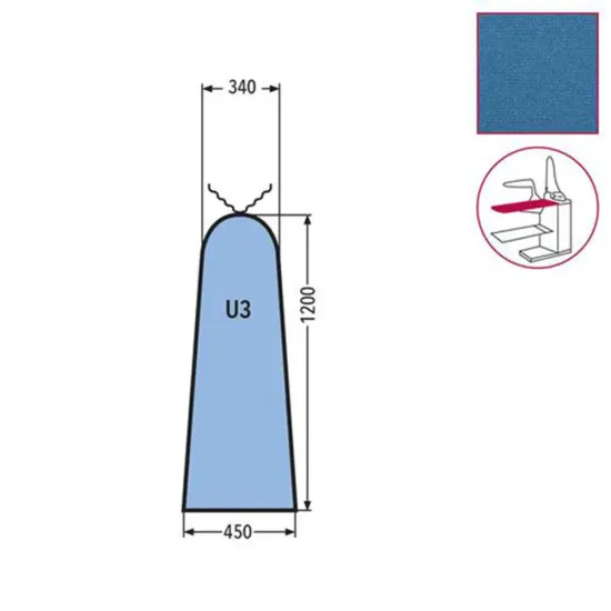 Husa U3 mica pentru masa de calcat, snur de prindere la varf, 100% poliester stretch, 1.200x450x340mm, albastru cerului