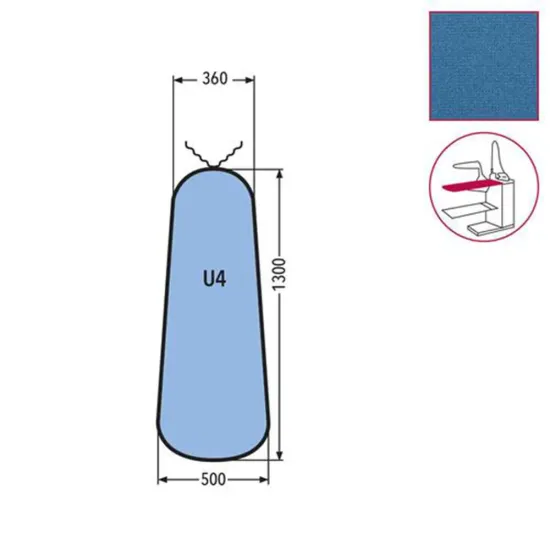 Husa U4 pentru masa de calcat, snur de prindere la varf, 100% poliester stretch, 1.300x500x360mm, albastru cerului
