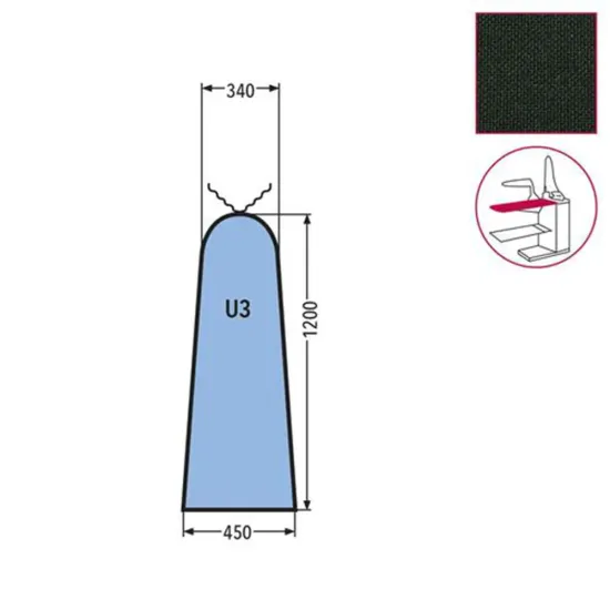 Husa U3 mica pentru masa de calcat, snur de prindere la varf, tesatura tricotata ingnifuga Nomex, 1.200x450x340mm, verde