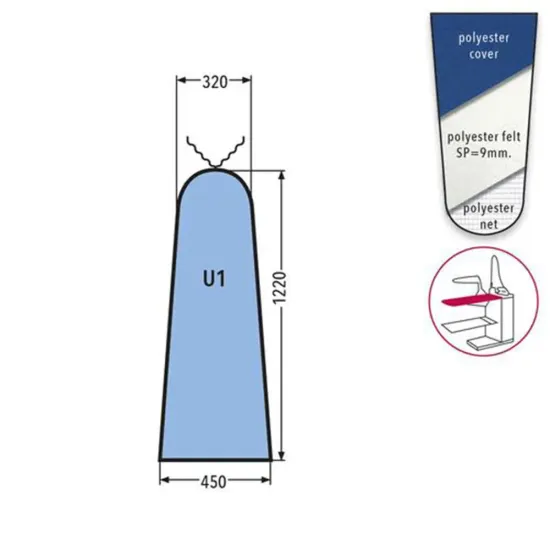 Husa U1 PRONTO-STIRO pentru masa de calcat, snur de prindere la varf, 100% poliester, cu pasla grosime 9mm, 1.220x450x320mm, albastru