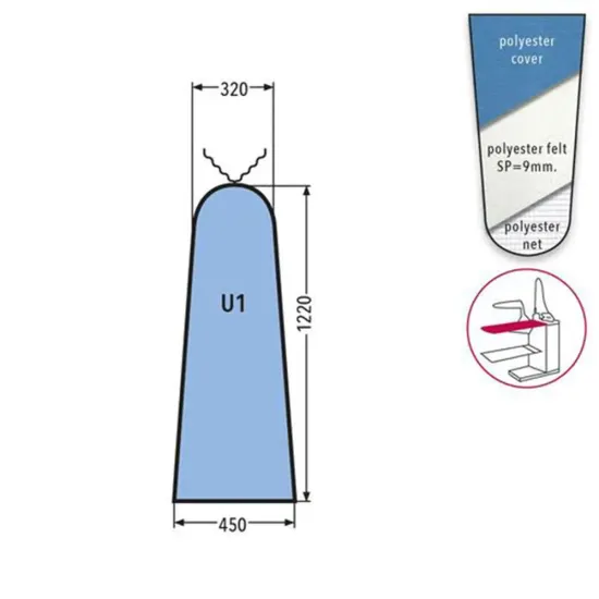 Husa U1 PRONTO-STIRO pentru masa de calcat, snur de prindere la varf, 100% poliester, cu pasla grosime 9mm, 1.220x450x320mm, albastru cerului