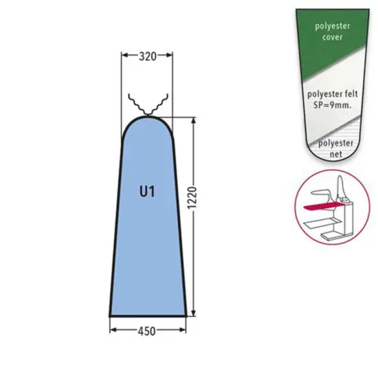 Husa U1 PRONTO-STIRO pentru masa de calcat, snur de prindere la varf, 100% poliester, cu pasla grosime 9mm, 1.220x450x320mm, verde