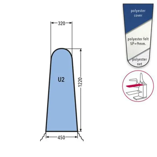 Husa U2 PRONTO-STIRO pentru masa de calcat, snur de prindere la baza, 100% poliester, cu pasla grosime 9mm, 1.220x450x320mm, albastru