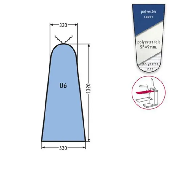 Husa U6 MAXI PRONTO-STIRO pentru masa de calcat, snur de prindere la varf, 100% poliester, cu pasla grosime 9mm, 1.320x530x330mm, albastru