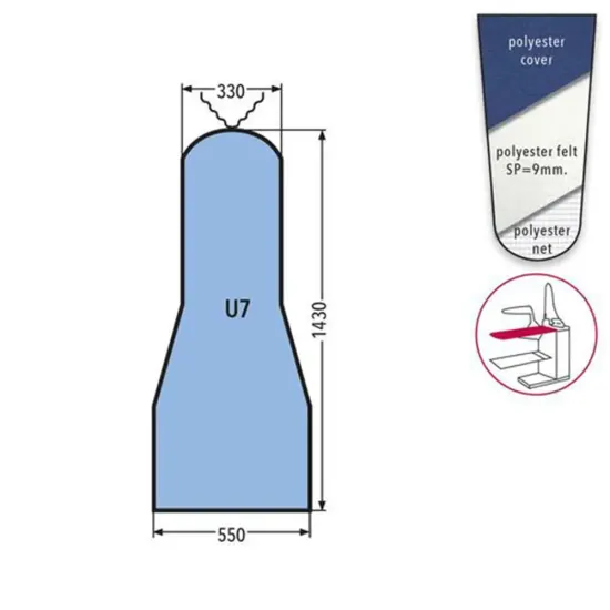 Husa U7 DOB PRONTO-STIRO pentru masa de calcat, snur de prindere la varf, 100% poliester, cu pasla grosime 9mm, 1.430x550x330mm, albastru inchis