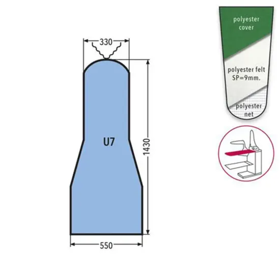 Husa U7 DOB PRONTO-STIRO pentru masa de calcat, snur de prindere la varf, 100% poliester, cu pasla grosime 9mm, 1.430x550x330mm, verde