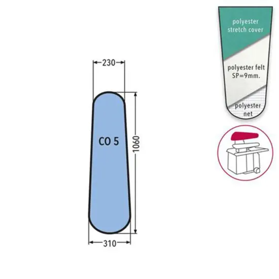 Husa CO5 PRONTO-STIRO pentru capac presa, 100% poliester, cu pasla grosime 9mm, 1.060x310x230mm, verde
