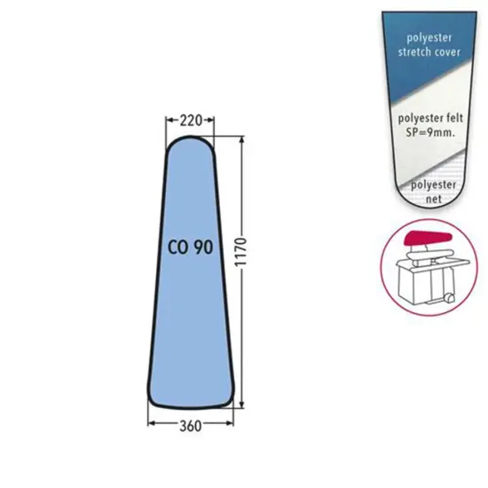 Husa CO 90 PRONTO-STIRO pentru capac presa, 100% poliester, cu pasla grosime 9mm, 1.170x360x220mm, albastru cerului