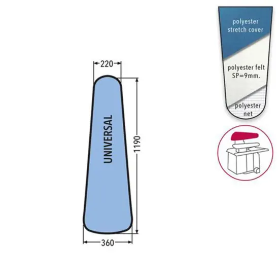 Husa UNIVERSAL PRONTO-STIRO pentru capac presa, 100% poliester, cu pasla grosime 9mm, 1.190x360x220mm, albastru cerului