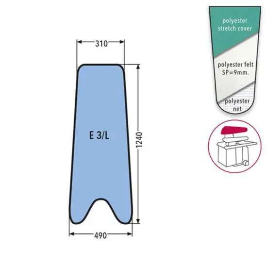 Husa E 3/L PRONTO-STIRO pentru capac presa, 100% poliester, cu pasla grosime 9mm, 1.240x490x310mm, verde