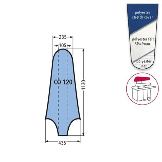 Husa CO 120 PRONTO-STIRO pentru capac presa, 100% poliester, cu pasla grosime 9mm, 1.130x435x235mm, albastru