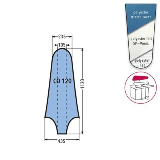 Husa CO 120 PRONTO-STIRO pentru capac presa, 100% poliester, cu pasla grosime 9mm, 1.130x435x235mm, albastru cerului