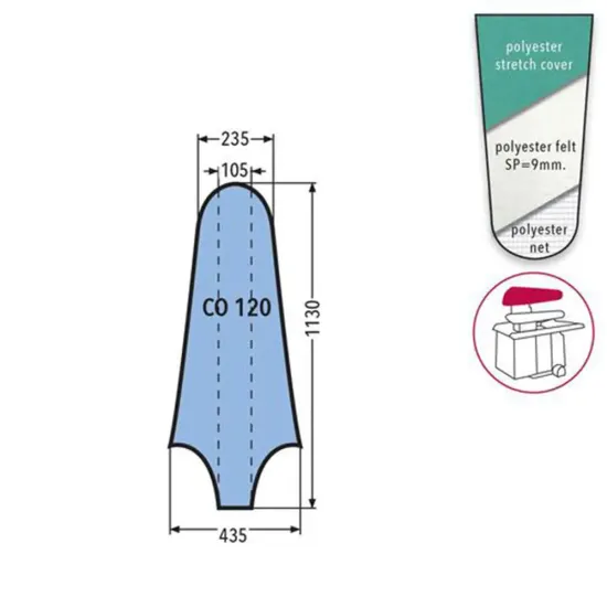 Husa CO 120 PRONTO-STIRO pentru capac presa, 100% poliester, cu pasla grosime 9mm, 1.130x435x235mm, verde