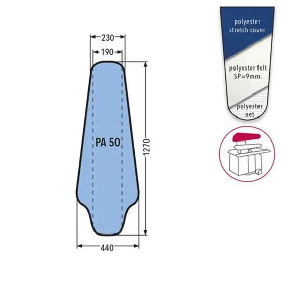 Husa P 50 PRONTO-STIRO pentru capac presa, 100% poliester, cu pasla grosime 9mm, 1.270x440x230mm, albastru