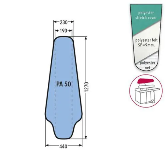 Husa P 50 PRONTO-STIRO pentru capac presa, 100% poliester, cu pasla grosime 9mm, 1.270x440x230mm, verde