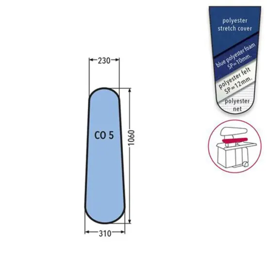 Husa CO 5 PRONTO-STIRO pentru presa, 100% poliester stretch, cu pasla grosime 12mm + spuma siliconata grosime 10mm, 1.060x310x230mm, albastru