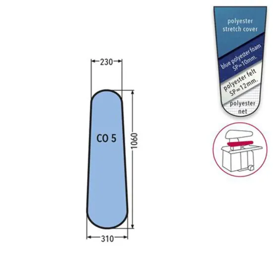 Husa CO 5 PRONTO-STIRO pentru presa, 100% poliester stretch, cu pasla grosime 12mm + spuma siliconata grosime 10mm, 1.060x310x230mm, albastru cerului