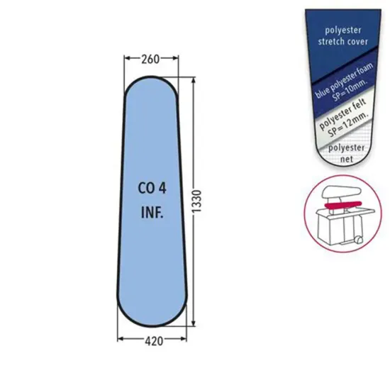 Husa CO 4 PRONTO-STIRO pentru presa, 100% poliester stretch, cu pasla grosime 12mm + spuma siliconata grosime 10mm, 1.330x420x260mm, albastru