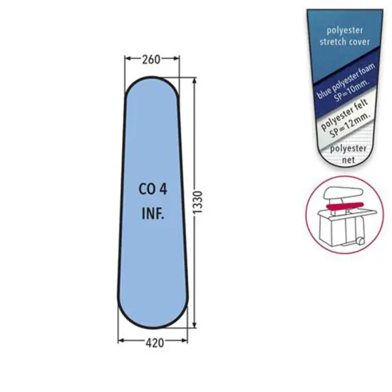 Husa CO 4 PRONTO-STIRO pentru presa, 100% poliester stretch, cu pasla grosime 12mm + spuma siliconata grosime 10mm, 1.330x420x260mm, albastru cerului