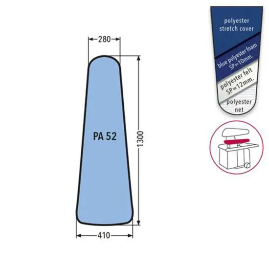 Husa PA 52 PRONTO-STIRO pentru presa, 100% poliester stretch, cu pasla grosime 12mm + spuma siliconata grosime 10mm, 1.300x410x280mm, albastru