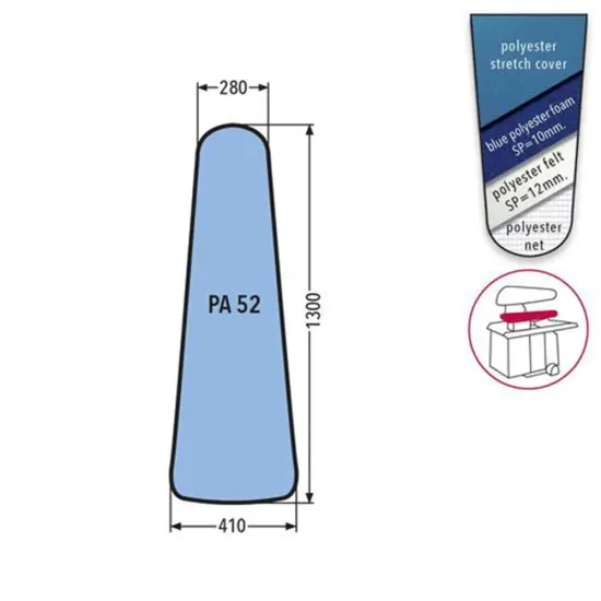 Husa PA 52 PRONTO-STIRO pentru presa, 100% poliester stretch, cu pasla grosime 12mm + spuma siliconata grosime 10mm, 1.300x410x280mm, albastru cerului