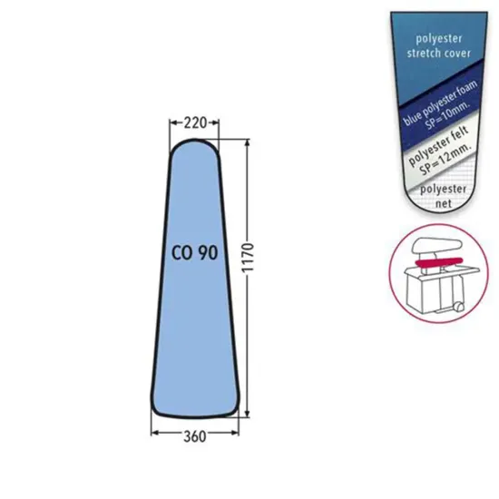 Husa CO 90 PRONTO-STIRO pentru presa, 100% poliester stretch, cu pasla grosime 12mm + spuma siliconata grosime 10mm, 1.170x360x220mm, albastru cerului