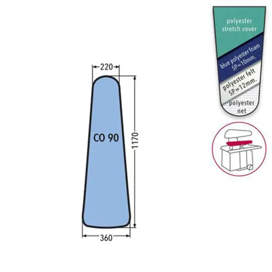 Husa CO 90 PRONTO-STIRO pentru presa, 100% poliester stretch, cu pasla grosime 12mm + spuma siliconata grosime 10mm, 1.170x360x220mm, verde