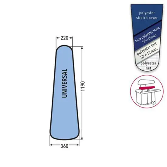 Husa UNIVERSAL PRONTO-STIRO pentru presa, 100% poliester stretch, cu pasla grosime 12mm + spuma siliconata grosime 10mm, 1.190x360x220mm, albastru