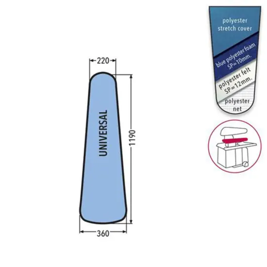Husa UNIVERSAL PRONTO-STIRO pentru presa, 100% poliester stretch, cu pasla grosime 12mm + spuma siliconata grosime 10mm, 1.190x360x220mm, albastru cerului