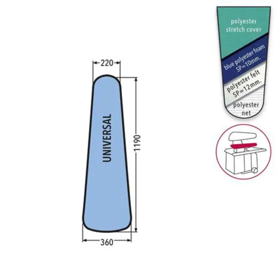 Husa UNIVERSAL PRONTO-STIRO pentru presa, 100% poliester stretch, cu pasla grosime 12mm + spuma siliconata grosime 10mm, 1.190x360x220mm, verde