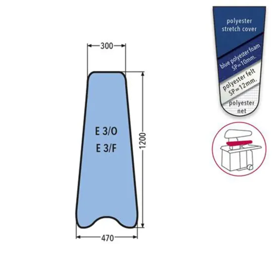 Husa E 3/O - E 3/F PRONTO-STIRO pentru presa, 100% poliester stretch, cu pasla grosime 12mm + spuma siliconata grosime 10mm, 1.200x470x300mm, albastru cerului