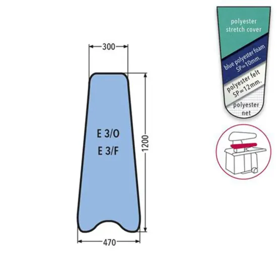 Husa E 3/O - E 3/F PRONTO-STIRO pentru presa, 100% poliester stretch, cu pasla grosime 12mm + spuma siliconata grosime 10mm, 1.200x470x300mm, verde