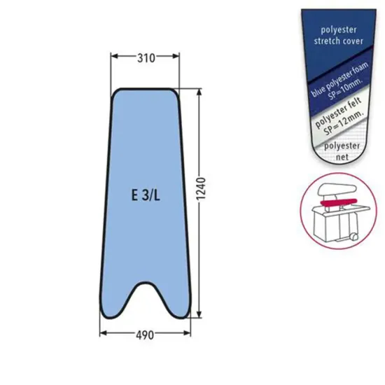 Husa E 3/L PRONTO-STIRO pentru presa, 100% poliester stretch, cu pasla grosime 12mm + spuma siliconata grosime 10mm, 1.240x490x310mm, albastru