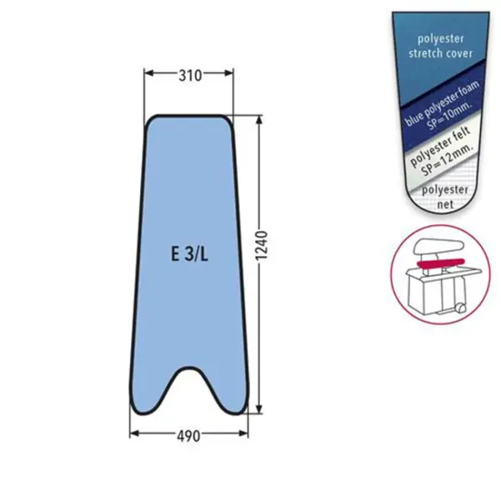 Husa E 3/L PRONTO-STIRO pentru presa, 100% poliester stretch, cu pasla grosime 12mm + spuma siliconata grosime 10mm, 1.240x490x310mm, albastru cerului