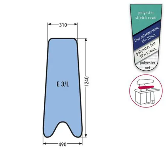 Husa E 3/L PRONTO-STIRO pentru presa, 100% poliester stretch, cu pasla grosime 12mm + spuma siliconata grosime 10mm, 1.240x490x310mm, verde