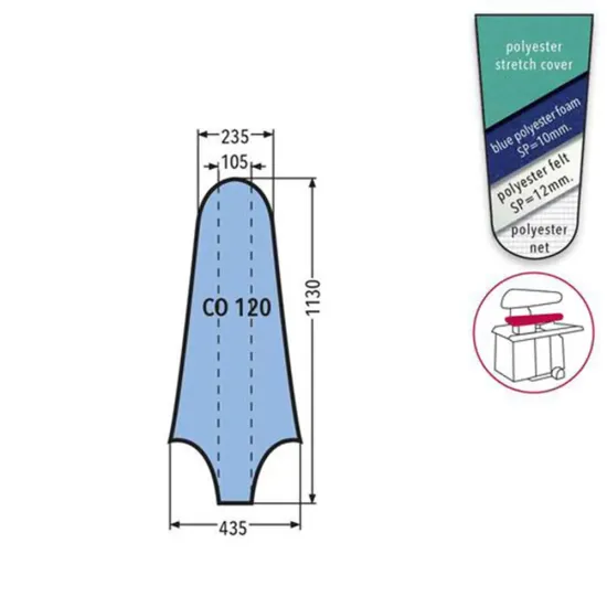 Husa CO 120 PRONTO-STIRO pentru presa, 100% poliester stretch, cu pasla grosime 12mm + spuma siliconata grosime 10mm, 1.130x435x235mm, verde