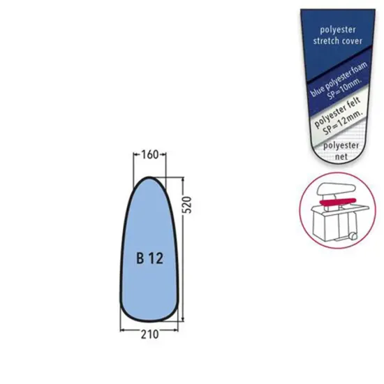 Husa B 12 PRONTO-STIRO pentru presa, 100% poliester stretch, cu pasla grosime 12mm + spuma siliconata grosime 10mm, 520x210x160mm, albastru