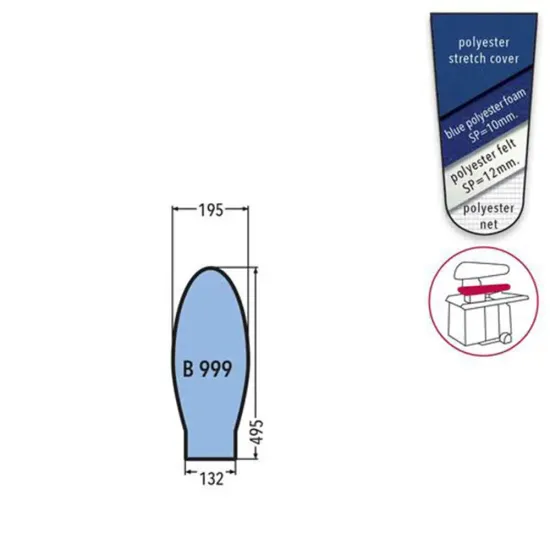 Husa B 999 PRONTO-STIRO pentru presa, 100% poliester stretch, cu pasla grosime 12mm + spuma siliconata grosime 10mm, 495x132x195mm, albastru