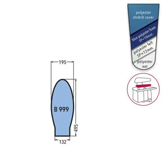 Husa B 999 PRONTO-STIRO pentru presa, 100% poliester stretch, cu pasla grosime 12mm + spuma siliconata grosime 10mm, 495x132x195mm, albastru cerului