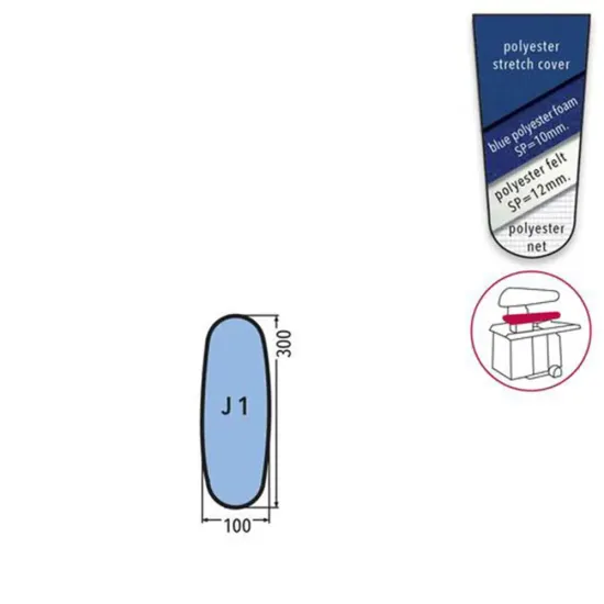 Husa J 1 PRONTO-STIRO pentru presa, 100% poliester stretch, cu pasla grosime 12mm + spuma siliconata grosime 10mm, 300x100x100mm, albastru