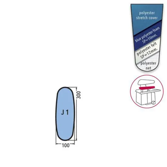 Husa J 1 PRONTO-STIRO pentru presa, 100% poliester stretch, cu pasla grosime 12mm + spuma siliconata grosime 10mm, 300x100x100mm, albastru cerului