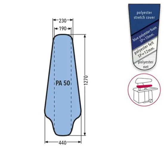 Husa PA 50 PRONTO-STIRO pentru presa, 100% poliester stretch, cu pasla grosime 12mm + spuma siliconata grosime 10mm, 1.270x440x230mm, albastru